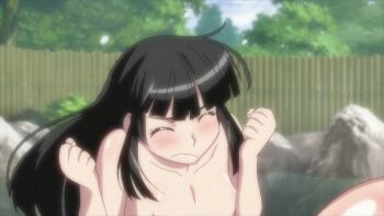 2girls animated animated_gif bath black_hair blush bouncing_breasts breasts covered_erect_nipples highres hoods_entertainment huge_breasts lactation large_nipples manyuu_hikenchou manyuu_kagefusa milk multiple_girls nervous nipples nude purple_eyes sayama_ouka screencap spraying sweat takagi_jun