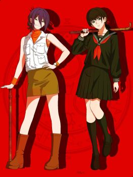 Rule 34 | 2girls, black hair, black serafuku, black shoes, black skirt, black socks, boots, brown boots, brown skirt, chainsaw man, closed mouth, cosplay, full body, green eyes, hair between eyes, hand on own hip, heather mason, heather mason (cosplay), highres, holding, holding lead pipe, kneehighs, lead pipe, loafers, long hair, mccheese, mitaka asa, multiple girls, neckerchief, orange sweater, pleated skirt, purple hair, red background, red neckerchief, reze (chainsaw man), school uniform, serafuku, shimizu hinako, shimizu hinako (cosplay), shoes, silent hill (series), silent hill 3, silent hill f, skirt, sleeveless, sleeveless turtleneck, socks, standing, standing on one leg, sweater, turtleneck, turtleneck sweater, vest, watch, white vest, wristband, wristwatch