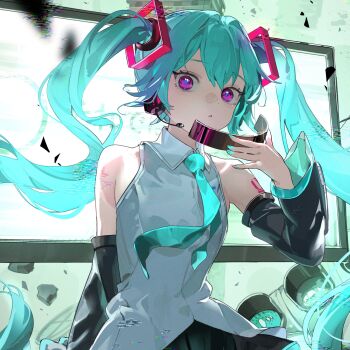 Rule 34 | 1girl, aqua hair, aqua necktie, aqua trim, bare shoulders, black collar, black sleeves, blush, breasts, collar, collarbone, collared shirt, commentary request, detached sleeves, hair between eyes, hair ornament, hatsune miku, hatsune miku (vocaloid4), highres, long hair, long sleeves, looking at viewer, monitor, necktie, nik ibi, open mouth, pink eyes, ringed eyes, shirt, sleeveless, sleeveless shirt, small breasts, smile, solo, very long hair, vocaloid, white shirt, wide sleeves