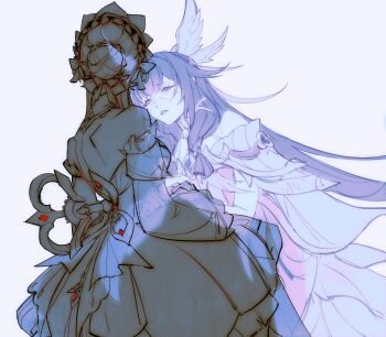 2girls absurdres aina_(mayexplode) angel angel_wings bare_shoulders closed_mouth columbina_(genshin_impact) genshin_impact hashtag-only_commentary head_wings highres holding_hands key maid multicolored_hair multiple_expressions multiple_girls sad sandrone_(genshin_impact) wings yuri