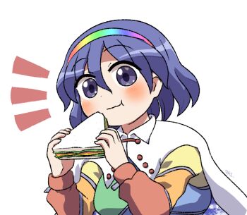 1girl blue_hair cape chewing closed_mouth collared_cape commentary_request food hair_between_eyes hairband holding holding_food holding_sandwich looking_at_viewer multicolored_hairband notice_lines patchwork_clothes portrait purple_eyes rainbow_gradient rokugou_daisuke sandwich short_hair signature simple_background sky_print solo tenkyuu_chimata touhou two-sided_cape two-sided_fabric white_background white_cape