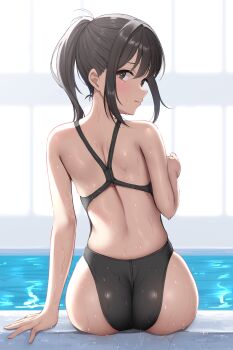 1girl ass back black_eyes black_hair black_one-piece_swimsuit competition_swimsuit from_behind highres looking_at_viewer looking_back ncontrail_(mgax7527) one-piece_swimsuit original ponytail pool sitting solo swimsuit wet