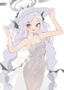 1girl :d absurdres alternate_costume alternate_hairstyle armpits bare_arms bare_shoulders black_halo black_horns black_wings blue_archive blush braid breasts collarbone commentary_request cowboy_shot curled_horns demon_girl demon_horns demon_wings dress floating_clothes forehead hair_ornament hairclip halo hands_on_headwear hat highres hina_(blue_archive) horns horns_through_headwear long_hair looking_at_viewer low_twin_braids low_wings middle_part mini_wings multiple_horns open_mouth parallel_hairclips parted_bangs petite purple_eyes ribbon see-through_clothes see-through_dress sidelocks simple_background sleeveless sleeveless_dress small_breasts smile solo spaghetti_strap spiked_halo standing sun_hat sundress sweat thigh_gap translucent twin_braids ura_ra1800 very_long_hair white_background white_hair white_hat white_ribbon wings