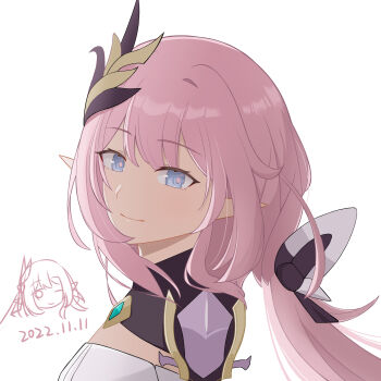 Rule 34 | 1girl, absurdres, amiuex0204, black shrug, blue eyes, breasts, corset, dated, elf, elysia (herrscher of human: ego) (honkai impact), elysia (honkai impact), elysia (miss pink elf) (honkai impact), hair ornament, hashtag-only commentary, highres, honkai (series), honkai impact 3rd, large breasts, long hair, looking at viewer, multiple views, pink hair, pointy ears, shrug (clothing), simple background, smile, very long hair, white background, white corset