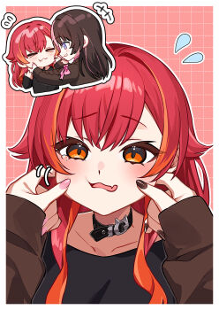 2girls black_collar black_nails black_shirt blue_eyes blush border brown_hair cheek_pinching chibi chibi_inset closed_eyes closed_mouth collar commentary_request fang flying_sweatdrops highres kaga_nazuna multicolored_hair multiple_girls nekota_tsuna open_mouth orange_eyes orange_hair outside_border pinching pink_hair pink_nails red_hair shirt sioxxx0711 skin_fang streaked_hair t-shirt tears two-tone_hair virtual_youtuber vspo! white_border