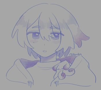 1boy blush close-up commentary double-parted_bangs english_commentary greyscale hair_between_eyes highres hood hood_down hooded_jacket jacket looking_at_viewer male_focus medium_hair mitsunba mole mole_under_eye monochrome octopus open_mouth original portrait shirt sidelocks signature solo turtleneck turtleneck_shirt