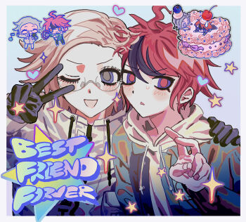2boys :d ahoge aotsuki_eito black_eyes black_gloves black_jacket black_streaks blue_background blue_eyes blueberry border bow cake cherry chibi chibi_inset drawstring english_text food food_on_head fruit glasses gloves grey_hair grey_jacket hand_on_another's_shoulder holding_tambourine hood hoodie instrument jacket jacket_over_hoodie looking_at_viewer lying male_focus multicolored_hair multicolored_jacket multiple_boys multiple_views musical_note object_on_head on_food on_stomach one_eye_closed open_clothes open_jacket open_mouth pink_bow red_hair red_pupils semi-rimless_eyewear short_hair smile star_(symbol) streaked_hair sumino_takumi sweatdrop tambourine tami_tome_mo the_hundred_line_-last_defense_academy- triangle_mouth two-tone_hair two-tone_jacket v v_over_eye white_border white_hoodie white_jacket zipper_pull_tab