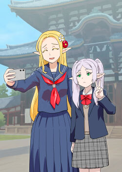 2girls blonde_hair cellphone crossover edomae_elf eldali_ilma_fanomenel elf frieren long_hair multiple_girls phone pointy_ears selfie smartphone sousou_no_frieren