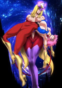 Rule 34 | 2girls, armpits, arms up, bare shoulders, blonde hair, blue eyes, bodysuit, breasts, cameltoe, choker, cleavage, covered erect nipples, covered navel, cutie honey, cutie honey (character), female focus, gloves, high heels, highres, large breasts, long hair, multiple girls, navel, pink hair, short hair, sister jill, skin tight, skindentation, thigh gap, thighhighs, yuri ai