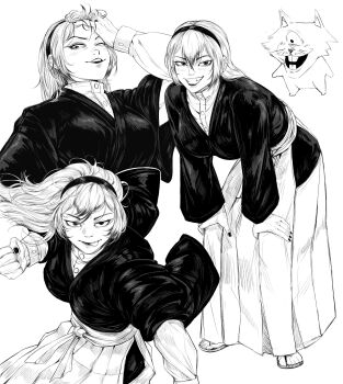 1girl absurdres akutami_gege_(avatar) animal_ears black_kimono black_nails blonde_hair blush breasts buck_teeth cat_ears chibi clenched_hand commentary ear_piercing earrings english_commentary genderswap genderswap_(mtf) geta hand_in_own_hair hands_on_own_knees headband highres japanese_clothes jewelry jujutsu_kaisen kimono large_breasts long_hair long_sleeves looking_at_viewer masmarcos monochrome multiple_piercings nail_polish one-eyed one_eye_closed piercing shirt shosei simple_background smile tabi teeth tongue tongue_out white_background zen'in_naoya