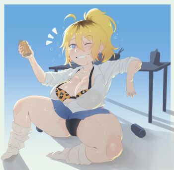 animal_print black_panties blonde_hair breasts drunk dyed_hair gyaru huge_breasts kyokeer leopard_print original panties shortstack spread_legs thick_thighs thighs underwear