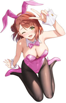 1girl ;d animal_ear_hairband animal_ears bare_shoulders black_pantyhose blush bow bowtie breasts cleavage commentary_request detached_collar fake_animal_ears full_body green_eyes hair_bun hair_ornament hairband hairclip high_heels highres leotard looking_at_viewer love_live! love_live!_nijigasaki_high_school_idol_club medium_breasts medium_hair one_eye_closed open_mouth pantyhose pink_bow pink_bowtie pink_hair pink_leotard playboy_bunny rabbit_ear_hairband rabbit_ears sankuro_(agoitei) simple_background single_side_bun sitting smile solo strapless strapless_leotard uehara_ayumu v wariza white_background wrist_cuffs