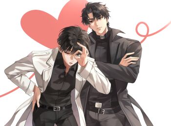 Rule 34 | 2boys, ;o, black coat, black eyes, black hair, black shirt, chongc11223, coat, collared shirt, cowboy shot, crossed arms, hand on own hip, head tilt, heart, highres, kim dokja, leaning forward, looking at another, looking at viewer, male focus, multiple boys, ok sign, ok sign over eye, omniscient reader's viewpoint, one eye closed, open clothes, open coat, popped collar, shirt, short hair, white coat, yoo joonghyuk