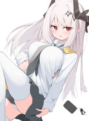 Rule 34 | 1girl, absurdres, alternate costume, arknights, between breasts, black horns, black skirt, blush, breasts, cellphone, charm (object), collared shirt, commentary request, doctor (arknights), eyes visible through hair, feet out of frame, grey necktie, hand on own ass, highres, horns, knee up, large breasts, long hair, long sleeves, looking at viewer, miniskirt, mudrock (arknights), necktie, necktie between breasts, panties, parted lips, phone, pleated skirt, pointy ears, red eyes, shirt, sidelocks, simple background, skirt, smartphone, solo, thighhighs, underwear, white background, white hair, white panties, white shirt, white thighhighs, yuuko (oruta)