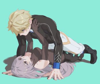 1boy 1girl bare_shoulders black_bodysuit black_boots black_sleeves blonde_hair blue_eyes bodysuit boots breasts bronya_rand collarbone couple dqdph drill_hair exercising eye_contact face-to-face gepard_landau grey_eyes grey_hair hair_between_eyes hands_on_another's_shoulders hetero honkai:_star_rail honkai_(series) long_hair long_sleeves looking_at_another lying medium_breasts on_back open_mouth pants push-ups short_hair simple_background smile strapless white_pants
