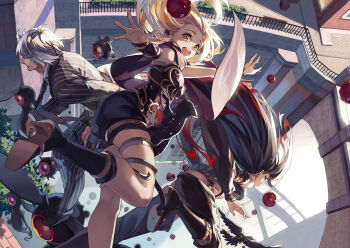 Rule 34 | 1boy, 2girls, :d, apple, bird, black hair, black necktie, black scarf, blonde hair, building, cat, crow (gravity daze), dark-skinned male, dark skin, dusty (gravity daze), falling, food, formal clothes, fruit, gravity daze, gravity daze 2, high heels, highres, kitten (gravity daze), leg up, looking at viewer, mole, mole under mouth, multicolored hair, multiple girls, necktie, open mouth, outstretched arm, pants, pin, pinstripe pattern, pinstripe suit, red eyes, red hair, scarf, selenoring, smile, striped, suit, syd (gravity daze), two-tone hair, vambraces, white hair, xii (gravity daze)