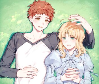 1boy 1girl artoria_pendragon_(fate) avalon_(fate) baboteolsegongsa blonde_hair blue_dress couple dress emiya_shirou fate/stay_night fate_(series) grass happy last_episode_(fate) on_grass red_hair saber_(fate) shirt smile t-shirt