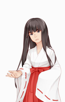 1girl black_hair commentary english_commentary grey_eyes hakama hakama_skirt head_tilt highres hime_cut himegami_aisa japanese_clothes kimono long_hair long_sidelocks looking_at_viewer miko nose parted_lips red_skirt sidelocks simple_background skirt sleeves_past_fingers sleeves_past_wrists solo toaru_majutsu_no_index toaru_majutsu_no_index:_old_testament vilatile white_background white_kimono wide_sleeves