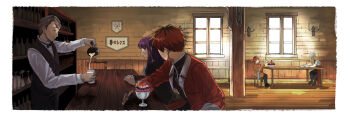 1girl 3boys absurdres aged_down bartender beard black_bow black_bowtie black_hair black_pants black_vest bottle bow bowtie cape cheekbones child closed_eyes cocktail_glass cup dessert drinking_glass dwarf eisen_(sousou_no_frieren) facial_hair fake_horns fern_(sousou_no_frieren) flashback food glass helmet highres hile_lawrence horned_helmet horns indoors long_sleeves looking_at_another multicolored_hair multiple_boys pants party!_(dungeon_meshi) pouring purple_hair red_cape red_hair sitting sousou_no_frieren stark_(sousou_no_frieren) stubble table two-tone_hair vest window wooden_floor