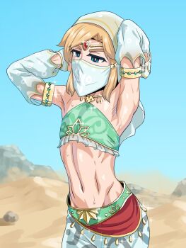 Rule 34 | 1boy, androgynous, arabian clothes, armlet, armpits, arms up, blonde hair, blue eyes, blue sky, bridal gauntlets, circlet, cowboy shot, crossdressing, crossdressing (mtf), desert, detached sleeves, forehead jewel, gerudo set (zelda), halterneck, highres, jewelry, lens flare, link, looking to the side, medium hair, midriff, nagiichi, navel, nintendo, outdoors, sand, shiny clothes, shiny skin, sky, solo, the legend of zelda, the legend of zelda: breath of the wild, toned, toned male, trap, veil