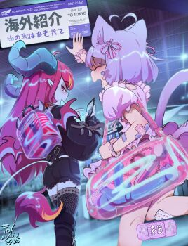 2girls :d ahoge animal_ears artificial_vagina backpack bag bandages black_shorts black_thighhighs cat_ears cat_girl cat_tail cellphone closed_eyes collar colored_skin comiket_107 demon_girl demon_horns dildo dress egg_vibrator feet_out_of_frame foxinshadow frilled_dress frills garter_straps heart heart_ahoge highres hitachi_magic_wand holding holding_phone horns horse_dildo indoors kitty_(kukseleg) knotted_dildo long_hair long_sleeves multiple_girls open_mouth original phone pink_dress pink_eyes pink_hair puffy_short_sleeves puffy_sleeves purple_hair purple_skin sex_toy short_hair short_shorts short_sleeves shorts shoulder_bag smartphone smile spiked_collar spikes tail tenga thighhighs ticket train_station transparent_bag vibrator vienna_(foxinshadow) walking waving