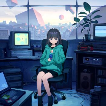 1girl arrow_(symbol) black_hair blue_eyes bottle chair cityscape commentary_request commodore_amiga computer computer_keyboard crt cube cursor desk extension_cord facing_viewer female_focus fiji_water floppy_disk flower_pot green_hoodie headphones highres holding hood hood_down hoodie indoors laptop looking_at_viewer mouse_cursor office_chair original pixelated plant potted_plant radio retro_artstyle router sho_(sho_lwlw) short_shorts shorts sitting smile solo speaker stereo swivel_chair water_bottle window