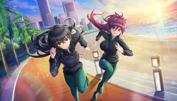 2girls beach black_hair black_jacket blue_eyes bodysuit breasts cross cross_earrings crossed_bangs dawn dolphin_wave earrings exercising game_cg green_bodysuit green_wetsuit grey_eyes hagane_otsuki highres jacket jewelry kurenashi_yuuri large_breasts long_bangs long_hair morning multiple_girls non-web_source ocean official_alternate_costume official_art ootomo_takuji palm_tree ponytail purple_hair running sharp_teeth single_bang skyline small_breasts sunrise sweat teeth tree
