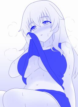 after_exercise alternate_costume blue_theme blush breasts carpaccio_(girls_und_panzer) clothes_lift dolphin_shorts exercising girls_und_panzer large_breasts long_hair midriff monochrome navel shira14 shirt shirt_lift short_shorts shorts sleeveless sleeveless_shirt sweat sweatdrop tank_top thighs underboob wiping_sweat wiping_with_clothes