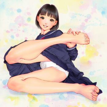 1girl barefoot black_hair brown_eyes feet fumichika_mori highres looking_at_viewer medium_hair panties pantyshot parted_lips school_uniform serafuku toes underwear