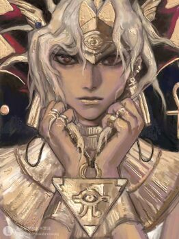 1boy ancient_egyptian_clothes arms_up atem blonde_hair closed_mouth commentary dark-skinned_male dark_skin earrings hashtag-only_commentary highres holding jewelry lips male_focus millennium_puzzle multicolored_hair multiple_rings piercing portrait purple_hair red_eyes ring solo spiked_hair tiara two-tone_hair usekh_collar yu-gi-oh! yu-gi-oh!_duel_monsters zcvbnq