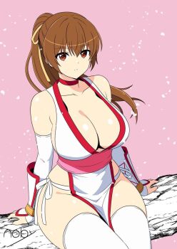 1girl breasts bridal_gauntlets brown_eyes brown_hair choker cleavage dead_or_alive gauntlets japanese_clothes kasumi_(doa) kimono large_breasts long_hair looking_at_viewer panties parted_lips ponytail revealing_clothes side-tie_panties sitting solo tanikan0120 thighhighs underwear white_panties white_thighhighs