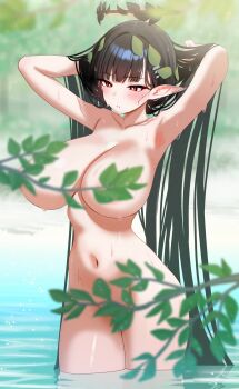 1girl absurdres alternate_ears armpits arms_behind_head arms_up black_hair blue_archive blush breasts bright_pupils commentary_request completely_nude convenient_censoring hair_ornament hairclip halo highres large_breasts leaf leaf_censor leaf_halo long_hair millennium_science_school_logo mizikayo navel nude pointy_ears red_eyes rio_(blue_archive) solo standing stomach thighs very_long_hair wading water wet white_pupils