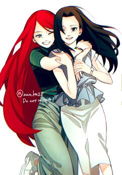 2girls black_eyes black_hair blue_shirt bracelet chromatic_aberration commentary_request denim denim_skirt forehead green_eyes green_skirt grin highres hug hug_from_behind jewelry long_hair long_skirt medium_skirt multiple_girls naruto_(series) one_eye_closed onka_(aun_ka28) red_hair shirt shoes skirt smile sneakers striped_clothes striped_shirt twitter_username uchiha_mikoto uzumaki_kushina very_long_hair watch white_shoes white_skirt wristwatch