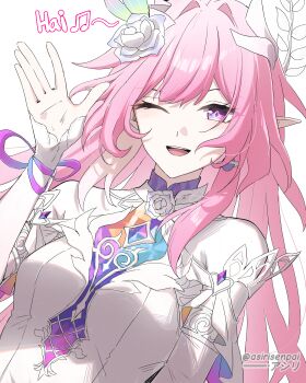 1girl absurdres adapted_costume asiri_senpai breasts commentary cyrene_(honkai:_star_rail) cyrene_(ripples_of_past_reverie)_(honkai:_star_rail) diamond-shaped_pupils diamond_(shape) earrings flower hair_flower hair_ornament hand_up highres honkai:_star_rail honkai_(series) jewelry long_hair looking_at_viewer medium_breasts one_eye_closed open_mouth pink_hair pointy_ears purple_eyes sidelocks simple_background single_earring smile solo symbol-shaped_pupils twitter_username waving white_background
