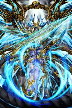 Rule 34 | 1boy, 1girl, absurdres, blue eyes, blue hair, blue skin, body markings, bottomless, breasts, cleavage, colored skin, dominus impulse, dragon, duel monster, full body, head wings, highres, holding, holding sword, holding weapon, large breasts, long hair, niziko, revealing clothes, sharp teeth, solo, sword, teeth, tiara, very long hair, weapon, wings, yu-gi-oh!