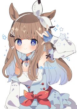 +_+ 1girl absurdres almond_eye_(umamusume) animal_ears bare_shoulders blue_dress blue_eyes blue_gloves blush bow bow_hairband braid braided_sidelocks breasts brown_hair closed_mouth colored_inner_hair detached_sleeves dress fingerless_gloves gloves hair_between_eyes hair_ornament hairband hairclip highres horse_ears horse_girl long_hair looking_at_viewer multicolored_hair red_bow red_button shirasuame_shiromaru smile solo sparkle star_(symbol) symbol-shaped_pupils umamusume white_hairband x-shaped_pupils
