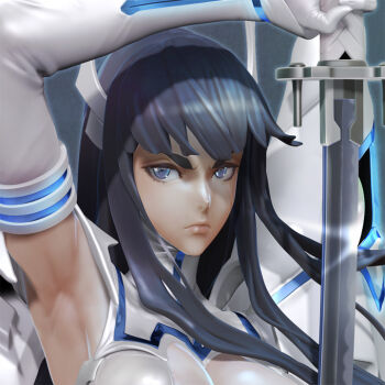 1girl 3d armpits blue_eyes female_focus katana kill_la_kill kiryuuin_satsuki leslyzerosix lips long_hair solo sword thick_eyebrows weapon