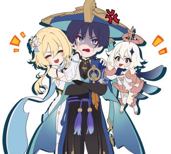 1boy 2girls absurdres anger_vein arm_cutout armor behind_another belt black_belt black_bodysuit black_bow black_bridal_gauntlets black_eyes black_scarf black_shorts blonde_hair blue_flower blue_gemstone blue_hat blue_kimono blue_pupils blue_scarf blue_sleeves blue_trim blush bodysuit bow bridal_gauntlets bright_pupils brown_halo closed_eyes clothing_cutout crossed_arms detached_sleeves diamond_hair_ornament dress eyelashes eyelid_pull eyeliner eyeshadow feathers flower gem genshin_impact gold hair_between_eyes hair_flower hair_ornament hakama hakama_shorts halo han&#039;eri hat highres index_finger_raised japanese_armor japanese_clothes jingasa kimono kogooma kote kurokote layered_kimono layered_sleeves lumine_(genshin_impact) makeup mandarin_collar mechanical_halo multicolored_flower multiple_girls notice_lines open_clothes open_hands open_kimono open_mouth paimon_(genshin_impact) pleated_shorts purple_hair purple_sash red_eyeliner red_eyeshadow romper sash scaramouche_(genshin_impact) scarf shaded_face short_hair short_hair_with_long_locks short_sleeves shorts sidelocks single_thighhigh tassel thighhighs tongue tongue_out v-shaped_eyebrows vambraces vision_(genshin_impact) wanderer_(genshin_impact) white_background white_dress white_flower white_hair white_kimono white_pupils white_romper white_scarf white_sleeves white_thighhighs yellow_feathers