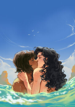 2girls absurdres artist_name asami_sato avatar_legends bird black_hair blue_eyes breasts brown_hair closed_eyes commentary day english_commentary highres hug kiss korra long_hair meoowwxx multiple_girls nude ocean outdoors partially_submerged short_hair the_legend_of_korra wet yuri