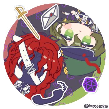 1boy 1girl aleph_(reverse:1999) black_mask black_vest brown_hair chibi closed_mouth corded_phone covered_face cracked_mask dice envelope facing_viewer green_eyes green_hat grey_background hat hat_feather highres holding holding_notebook holding_quill long_hair looking_at_viewer mole mole_under_eye mossi_(mossi0816) newsboy_cap notebook phone polyhedral_dice quill recoleta_(reverse:1999) red_hair reverse:1999 round_image shirt sword twitter_username upper_body vest weapon white_shirt