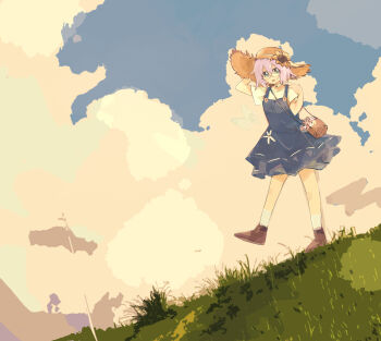 1girl absurdres bag blue_dress blue_eyes brown_shoes cloud commentary dress hat highres ikeda_chitose looking_at_viewer on_grass outdoors pinafore_dress shirt shoes short_hair shoulder_bag sky sleeveless sleeveless_dress solo straw_hat summer sun_hat t-shirt user_rehz8345 walking white_hair white_shirt yuruyuri