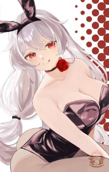 1girl :q alternate_costume animal_ear_hairband animal_ears artist_logo black_leotard breasts cleavage closed_mouth commentary english_commentary fake_animal_ears grey_pantyhose hair_between_eyes hairband highres honkai_(series) honkai_impact_3rd large_arm leotard logo long_hair looking_at_viewer luna_(honkai_impact) mofumanju pantyhose playboy_bunny rabbit_ear_hairband rabbit_ears red_eyes smile solo strapless strapless_leotard tongue tongue_out very_long_hair white_hair ych_commission