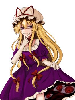1girl 83mkneinlsqmebq blonde_hair choker closed_mouth clothes_lift commentary dress dress_lift elbow_gloves frills gap_(touhou) gloves hair_between_eyes hair_ribbon hat highres long_hair looking_at_viewer mob_cap purple_dress purple_eyes red_eyes ribbon ribbon_choker short_sleeves sidelocks smile solo touhou v v_over_mouth very_long_hair white_background white_gloves yakumo_yukari