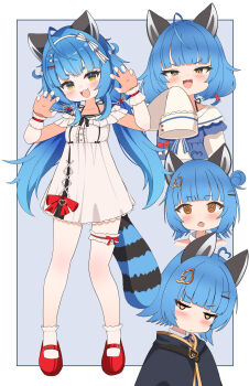 1girl :3 @_@ absurdres ahoge animal_ears black_cloak blue_eyes blue_nails blunt_bangs blush border bow chromashift claw_pose cloak dress drooling eyelashes fang fingernails flower full_body hair_bow hair_bun hair_flower hair_ornament hairband hashtag-only_commentary heart heart_ahoge highres kawaiipony2 key leaf_hair_ornament long_hair mouth_drool multiple_views nail_polish open_mouth poko_rakun raccoon_ears raccoon_girl raccoon_tail red_bow red_shoes shoes single_hair_bun single_side_bun sleeves_past_fingers sleeves_past_wrists smile smug socks standing tail thick_eyebrows twintails v-shaped_eyebrows virtual_youtuber white_border white_bow white_dress white_hairband white_socks yellow_eyes