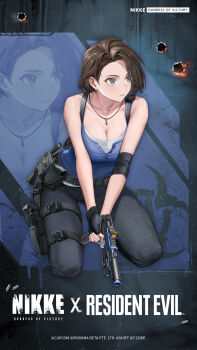 Rule 34 | 1girl, belt, black belt, black gloves, black pants, blue shirt, breasts, brown hair, cleavage, closed mouth, commentary, copyright name, covered navel, english commentary, fingerless gloves, forehead, full body, gloves, goddess of victory: nikke, gun, highres, holding, holding gun, holding weapon, jewelry, jill valentine, kneeling, large breasts, looking to the side, necklace, official art, pants, pouch, resident evil, shirt, short hair, sleeveless, sleeveless shirt, solo, squatting, thigh pouch, thigh strap, weapon, zoom layer
