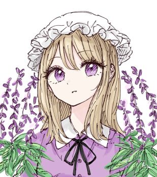 1girl black_ribbon blonde_hair buttons collar dress dress_ribbon flower flower_request hair_between_eyes highres kashiwada_kiiho leaf maribel_hearn medium_hair open_mouth purple_dress ribbon simple_background solo touhou white_background white_collar
