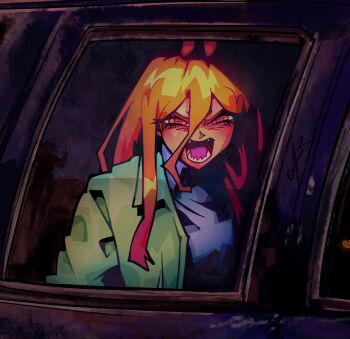 1girl alpharecdyt blonde_hair blue_shirt breaking_bad car chainsaw_man cosplay cross-shaped_pupils dragon_ball dragonball_z grey_jacket highres horns jacket motor_vehicle open_mouth power_(chainsaw_man) red_horns scene_reference sharp_teeth shirt solo son_goku symbol-shaped_pupils teeth walter_white walter_white_(cosplay) yellow_eyes