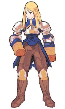 1girl agrias_oaks armor blonde_hair boots breastplate brown_boots brown_eyes brown_gloves brown_pants closed_mouth commentary_request derivative_work final_fantasy final_fantasy_tactics full_body gan2 gloves highres knee_boots legs_apart long_hair long_sleeves no_nose official_art_redraw pants shoulder_armor simple_background solo standing white_background
