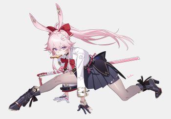 1girl absurdres animal_ears asymmetrical_gloves asymmetrical_sleeves bow bowtie bread bread_slice commentary_request evanescia_(honkai:_star_rail) flower food food_in_mouth gloves grey_pantyhose hair_flower hair_ornament high_heels highres honkai:_star_rail honkai_(series) korean_commentary ll_0109 long_hair mismatched_gloves mouth_hold pantyhose pink_hair pleated_skirt ponytail purple_eyes red_bow red_bowtie ruler skirt thigh_strap toast toast_in_mouth