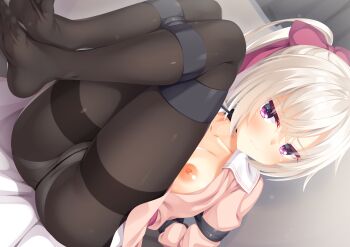 Rule 34 | 1girl, 8kumagawa (log), absurdres, ahoge, akizuki kanna, ass, black pantyhose, blush, bound, breasts, breasts out, cafe stella to shinigami no chou, commentary request, commission, commissioner upload, crossed bangs, crotch seam, eyes visible through hair, feet, full body, grey hair, hair between eyes, highres, indoors, large breasts, legs, long hair, long sleeves, looking at viewer, nipples, panties, panties under pantyhose, pantyhose, purple eyes, restrained, side ponytail, skeb commission, soles, solo, thighband pantyhose, thighs, toes, underwear, very long hair, white hair